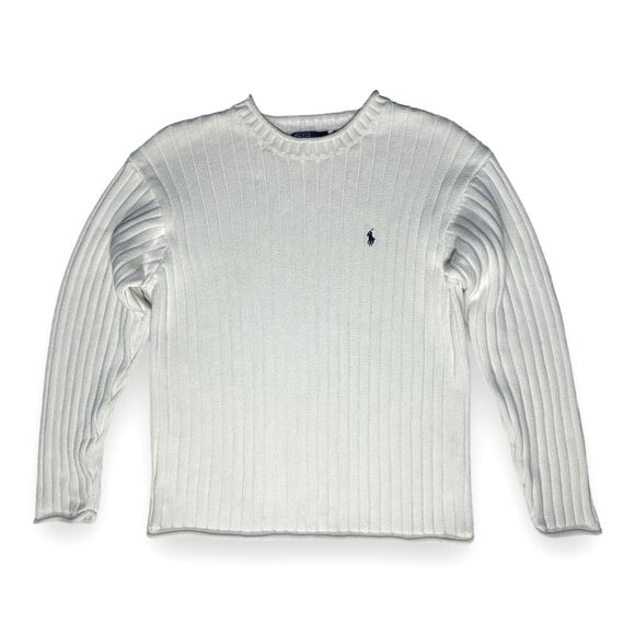 Vintage 90s MADE IN JAPAN Polo Ribbed Sweater L Ivory Fisherman Short Fit - Picture 1 of 9